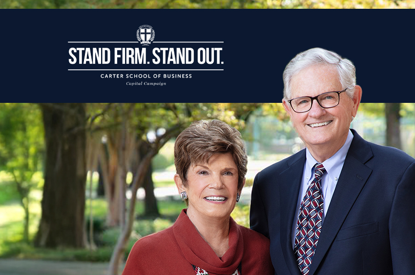 Stand Firm. Stand Out. Logo overlay with Jim and Sally Nation standing outside in Dallas