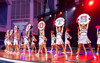 SWAT Event - DBU Patriot cheerleaders leading the crowd in cheers to encourage school spirit